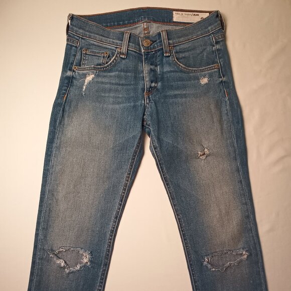 Rag & Bone Jeans Size 24/0 Low Rise Skinny Leg Medium Wash Distressed - Picture 2 of 10